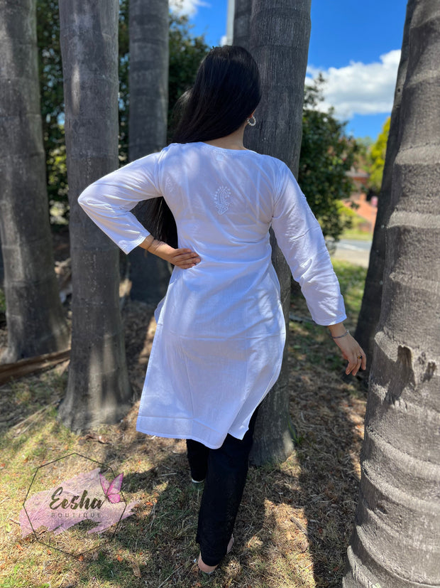 Kira Tunic - White - Hand Embroidered Chikankari Kurta