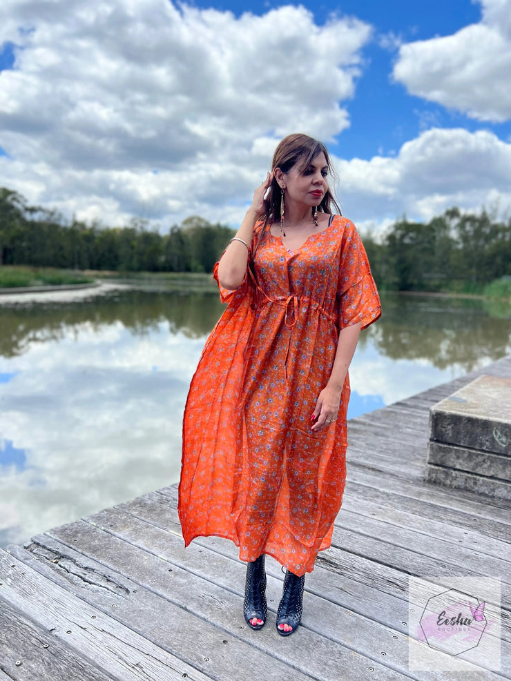 Orange Floral Vintage Silk Long Kaftan