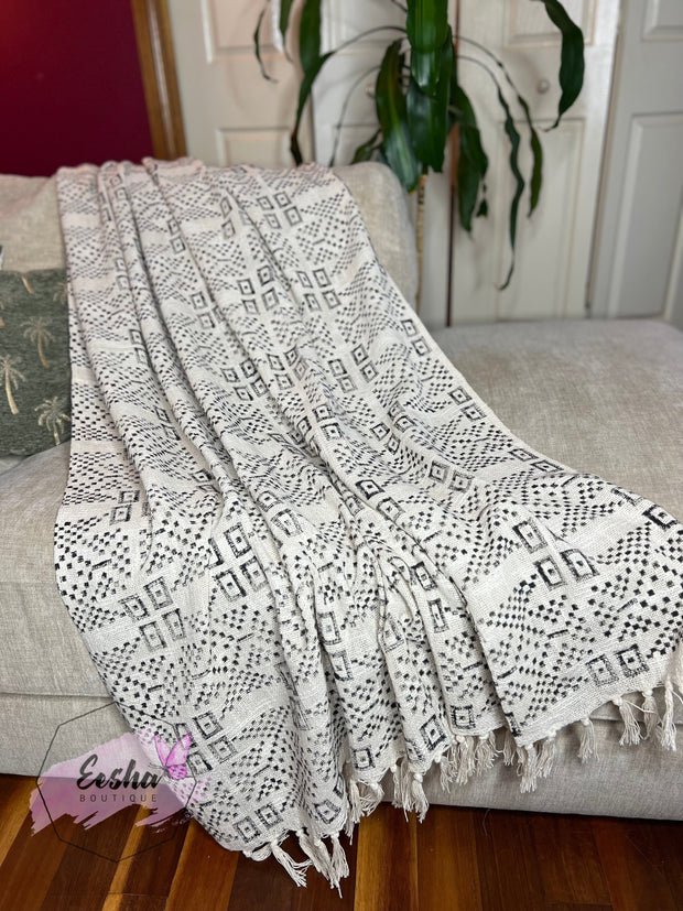 Beige handloom organic Indian cotton throw with tassels