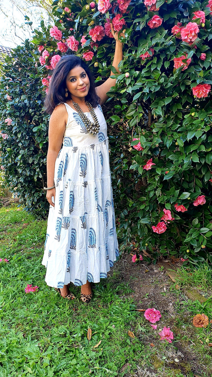 Natasha - Hand Block Print India Cotton Maxi Dress - Blue