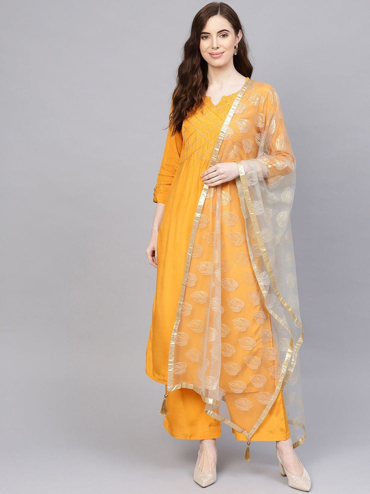 Mustard Yoke Design Kurta with Palazzo & Net Dupatta