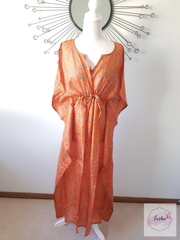 Orange Floral Vintage Silk Long Kaftan