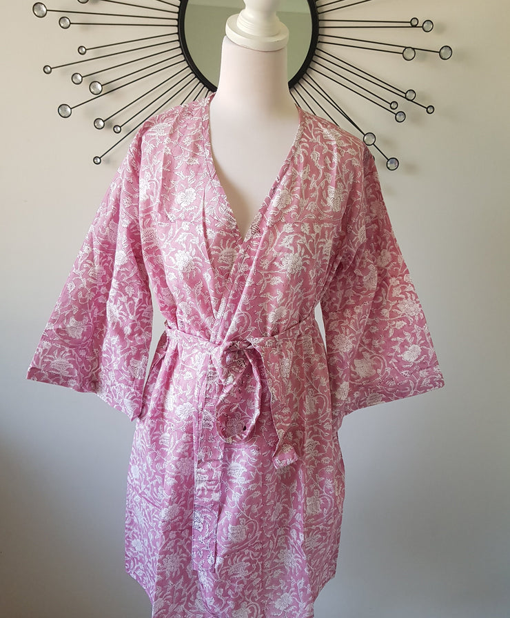 Pink Floral Hand Block Print Kimono Robe, Bridal Robe