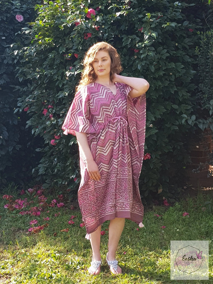 Long Kaftan - Pink Dabbu Print With Tussles
