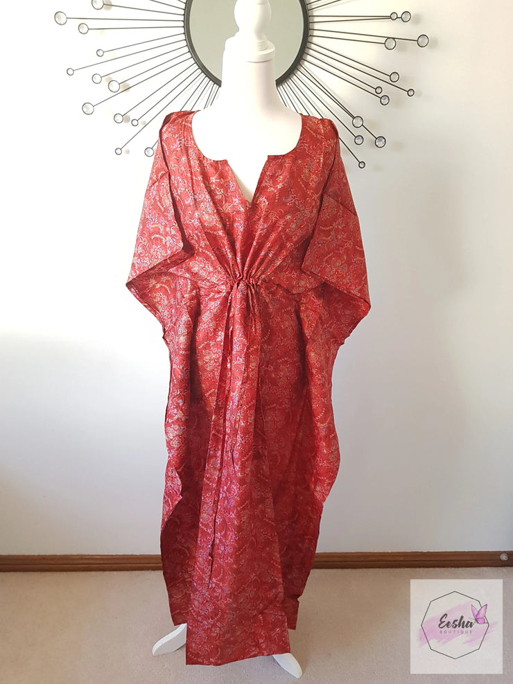 Red Floral Vine Vintage Silk Long Kaftan