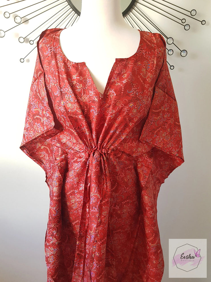 Red Vintage Silk Long Kaftan - Eesha Boutique