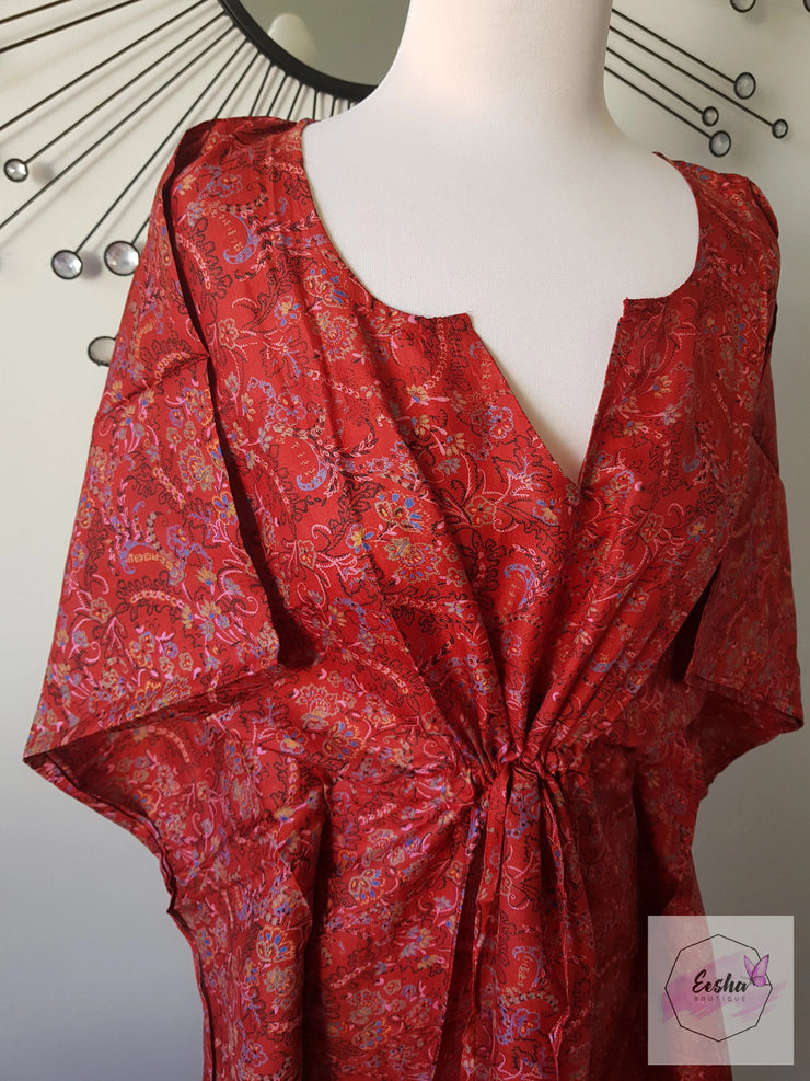 Red Floral Vine Vintage Silk Long Kaftan