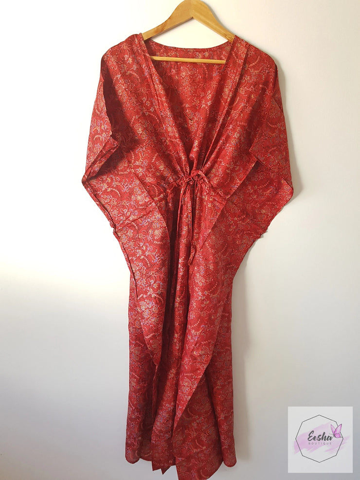 Red Vintage Silk Long Kaftan - Eesha Boutique