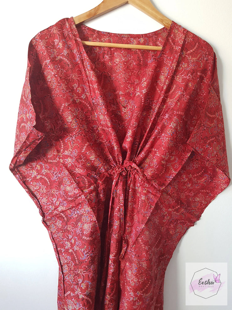 Red Floral Vine Vintage Silk Long Kaftan