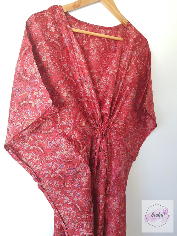 Red Floral Vine Vintage Silk Long Kaftan