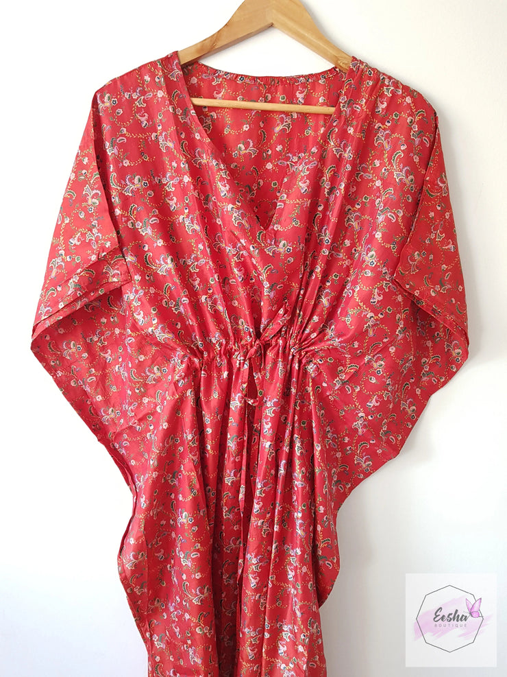 Red Floral Vintage Silk Long Kaftan