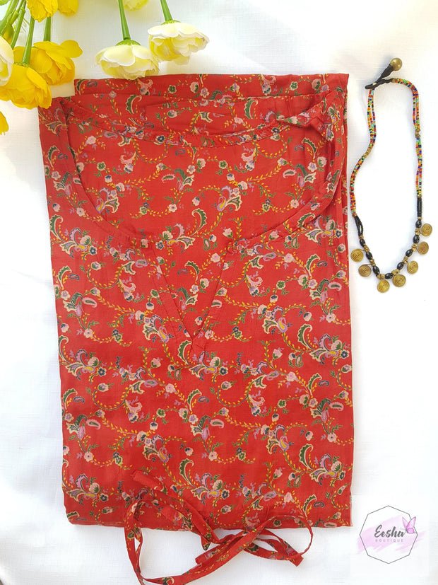 Red Floral Vintage Silk Long Kaftan