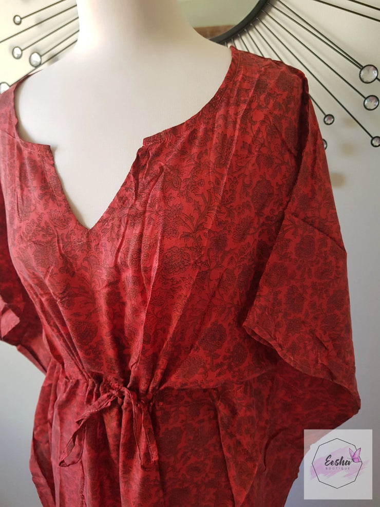 Red and Black Floral Vintage Silk Long Kaftan