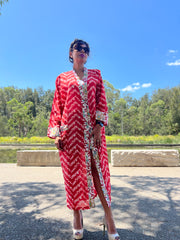 Red long cotton kimono robe