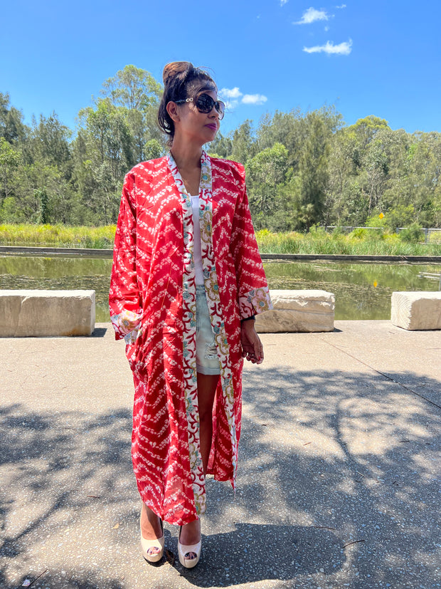 Red long cotton kimono robe