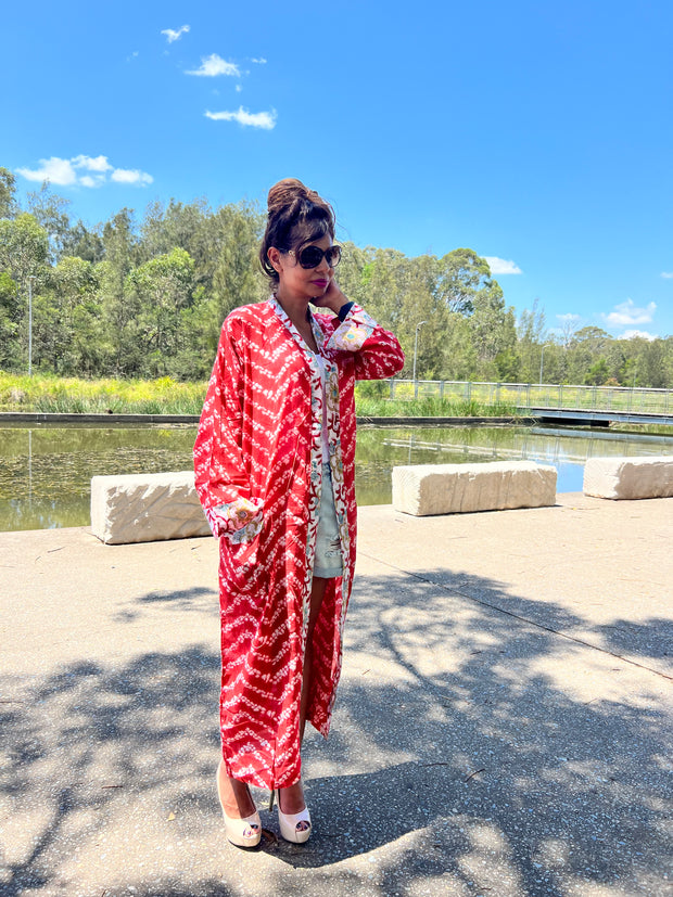 Red long cotton kimono robe