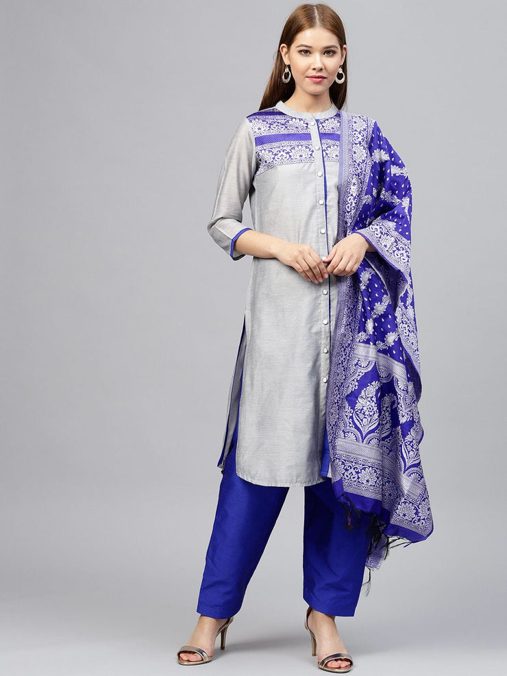 Grey and Royal Blue Solid Straight Chanderi Kurta with Patiala and Dupatta