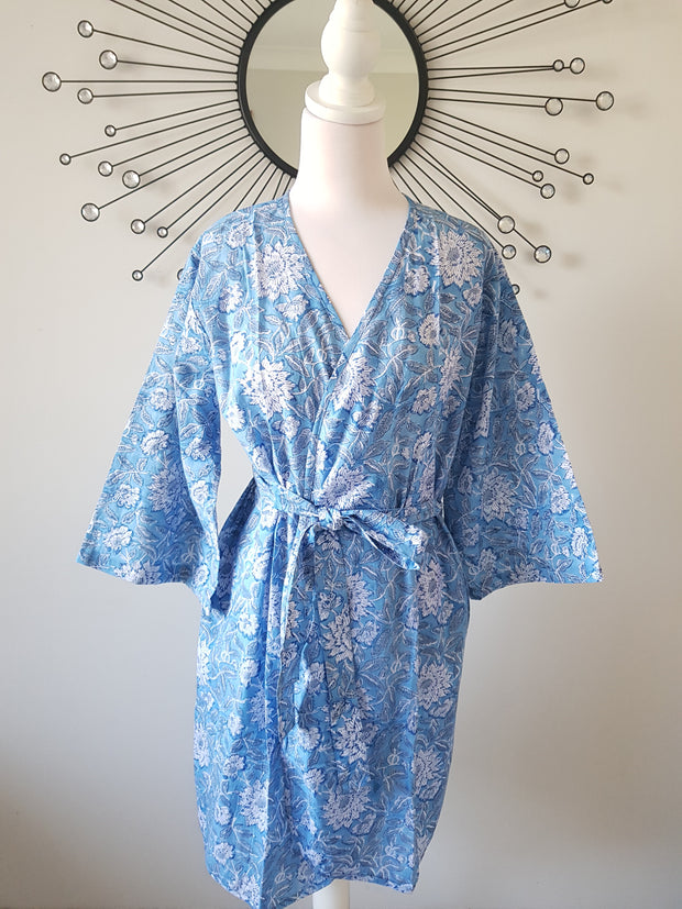Sky Blue Floral Hand Block Print Kimono Robe, Bridal Robe