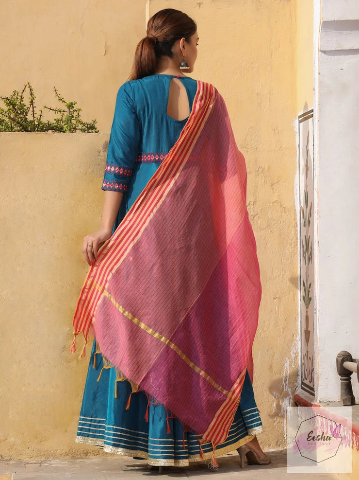 Anarkali floor length silk gown with chanderi dupatta