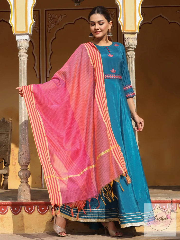 Anarkali floor length silk gown with chanderi dupatta