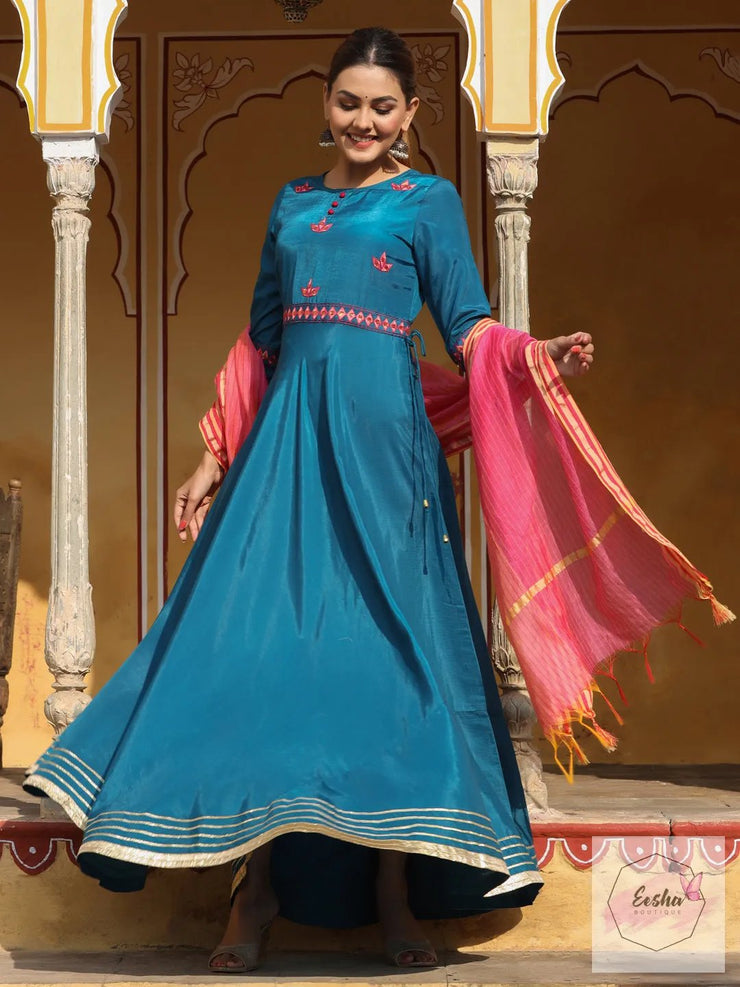 Anarkali floor length silk gown with chanderi dupatta