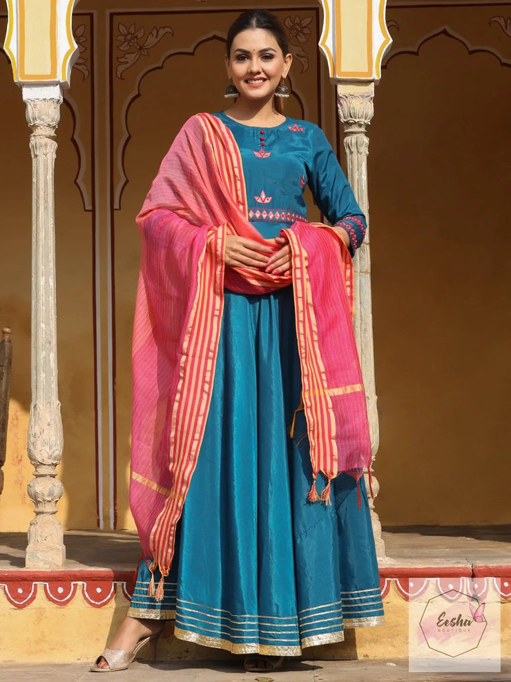Anarkali floor length silk gown with chanderi dupatta