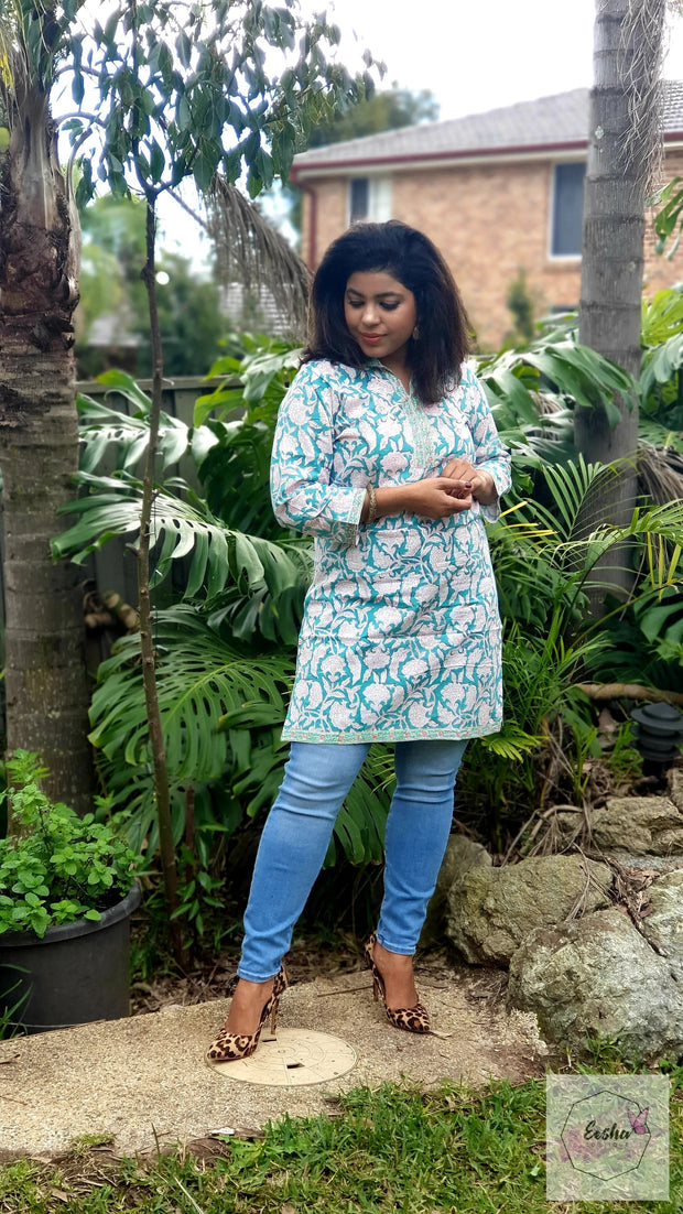 Teal Floral Hand Block Print Tunic