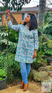 Teal Floral Hand Block Print Tunic