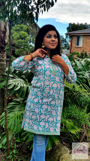 Teal Floral Hand Block Print Tunic