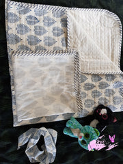 Baby Cotton Quilted Blanket Dohar And Headband Set - Blue Leaf