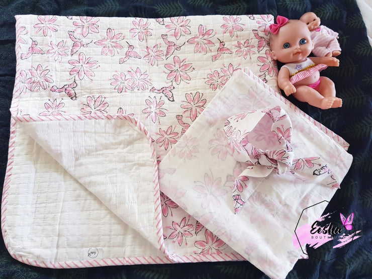 Baby Cotton Quilted Blanket Dohar And Headband Set - Hummingbird