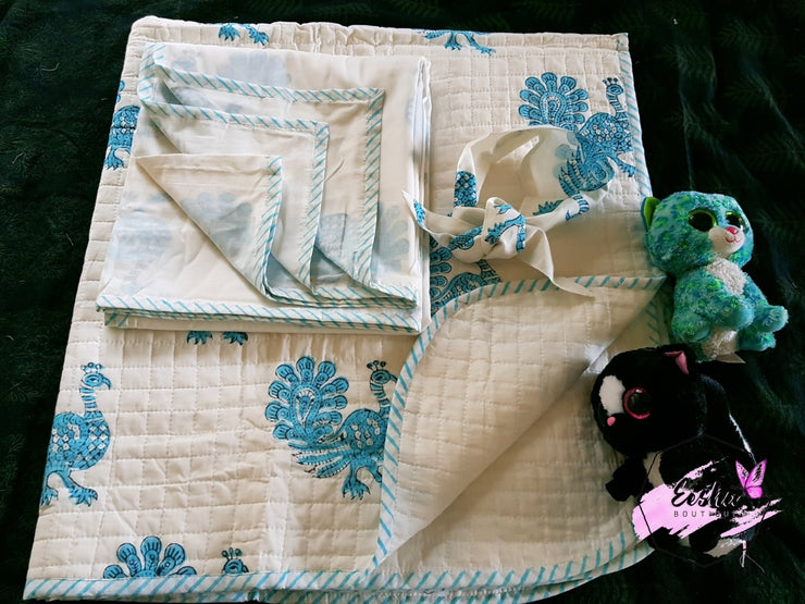 Baby Cotton Quilted Blanket Dohar And Headband Set - Peacock