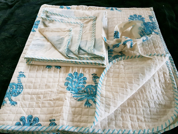 Baby Cotton Quilted Blanket Dohar And Headband Set - Peacock