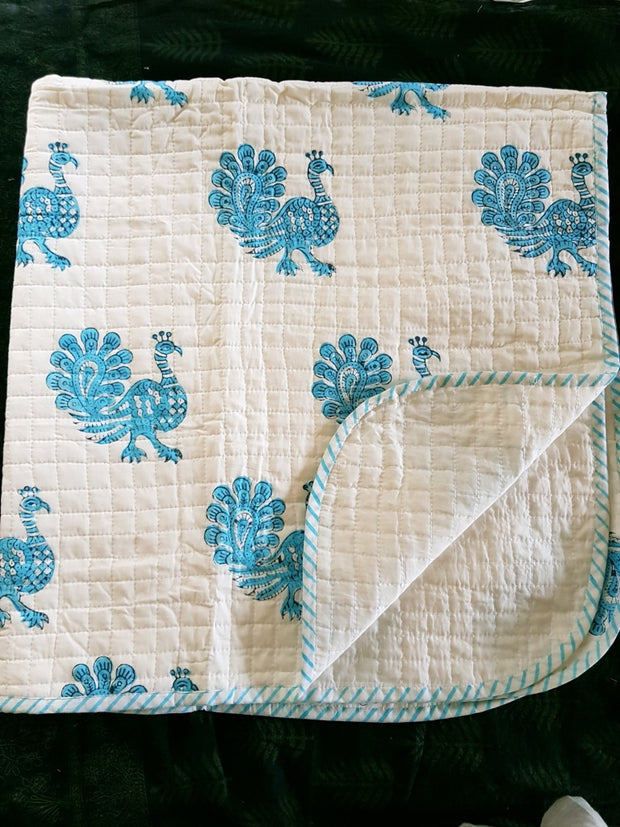 Baby Cotton Quilted Blanket Dohar And Headband Set - Peacock