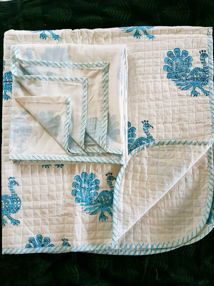 Baby Cotton Quilted Blanket Dohar And Headband Set - Peacock