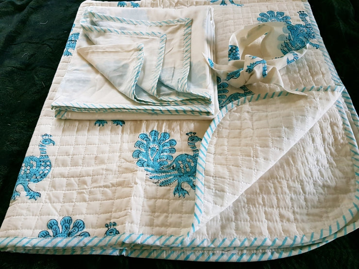 Baby Cotton Quilted Blanket Dohar And Headband Set - Peacock
