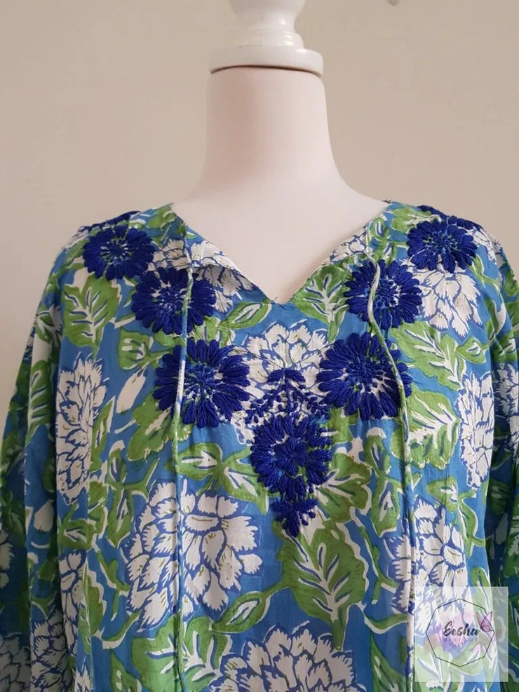 Bell Sleeves Hand Block Print Tunic Kurta With Chikankari Embroidery