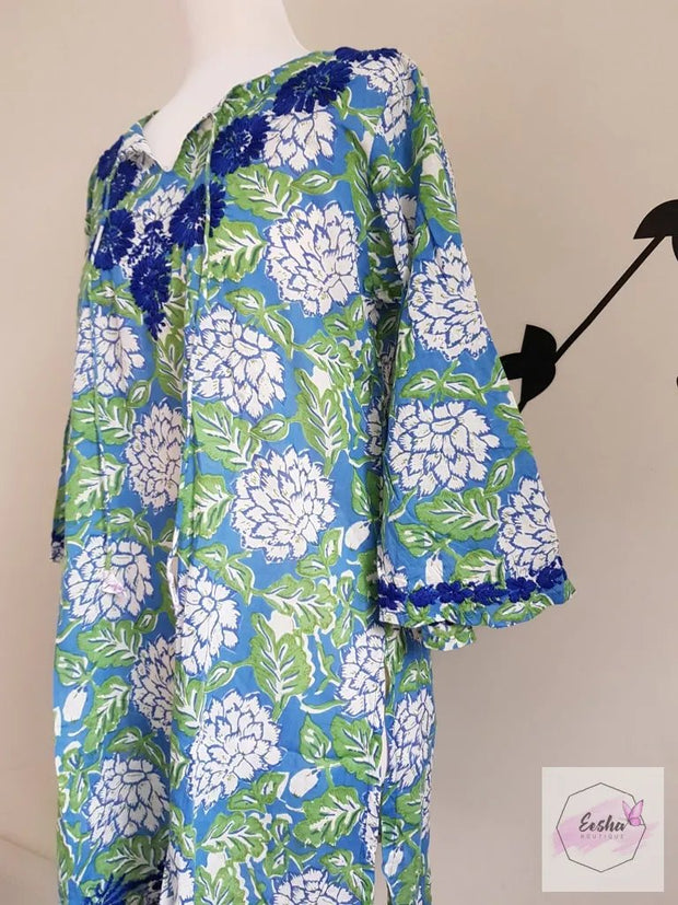 Bell Sleeves Hand Block Print Tunic Kurta With Chikankari Embroidery