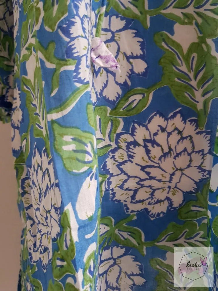 Bell Sleeves Hand Block Print Tunic Kurta With Chikankari Embroidery