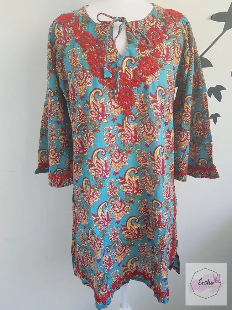 Bell Sleeves Hand Block Print Tunic Kurta With Chikankari Embroidery
