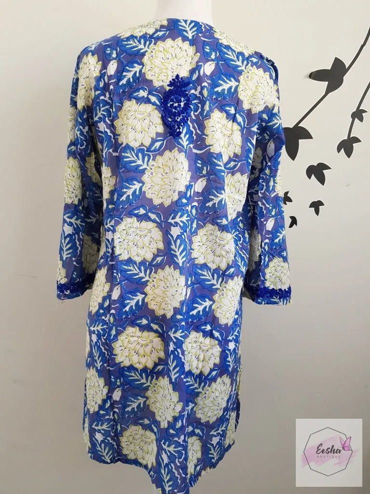 Big Floral Bell Sleeves Hand Block Print Tunic Kurta With Chikankari Embroidery