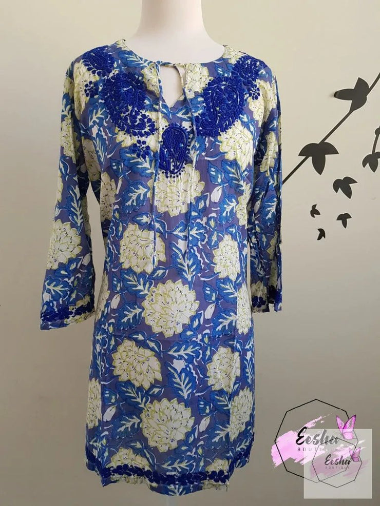 Big Floral Bell Sleeves Hand Block Print Tunic Kurta With Chikankari Embroidery