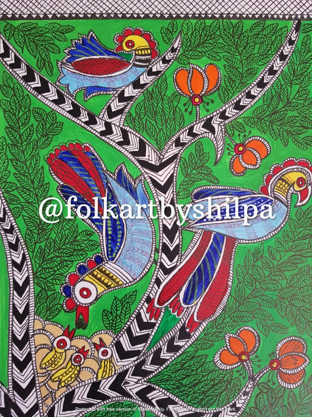 Birds On A Tree - Original Madhubani Painting