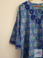 Blue Bell Sleeves Hand Block Print Tunic Kurta With Chikankari Embroidery