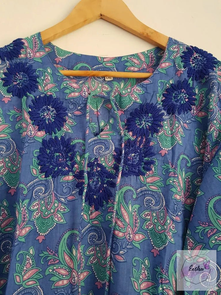 Blue Bell Sleeves Hand Block Print Tunic Kurta With Chikankari Embroidery