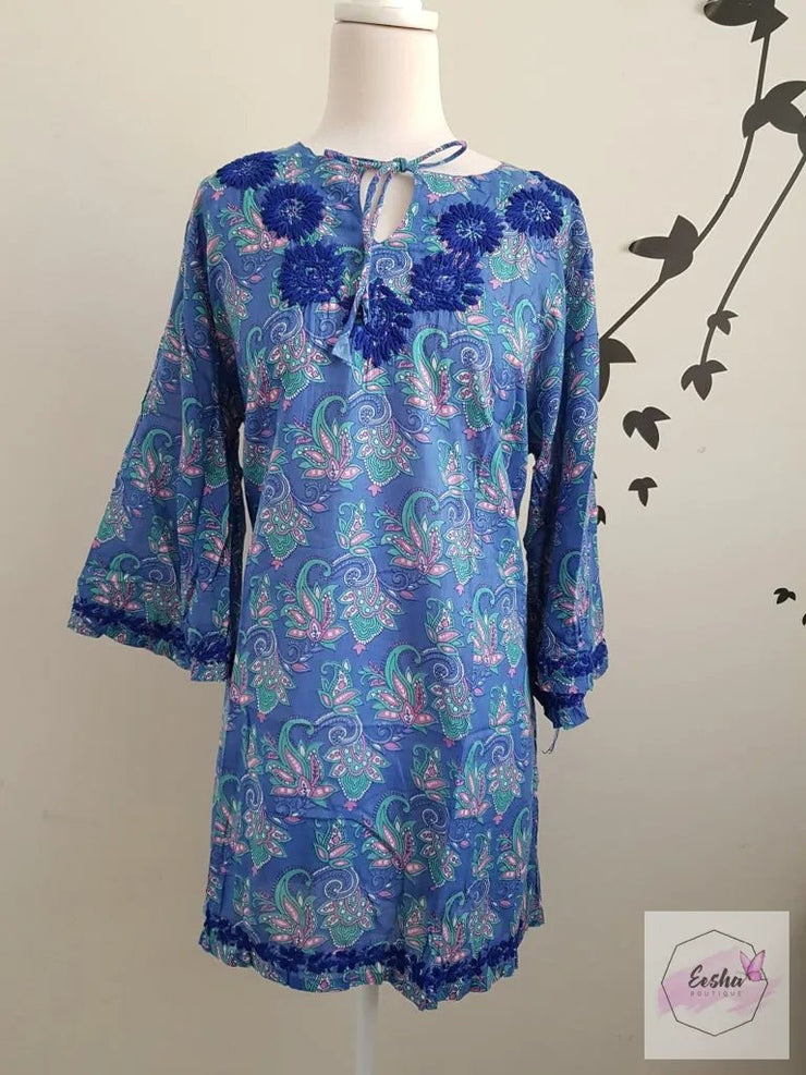 Blue Bell Sleeves Hand Block Print Tunic Kurta With Chikankari Embroidery