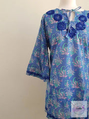 Blue Bell Sleeves Hand Block Print Tunic Kurta With Chikankari Embroidery