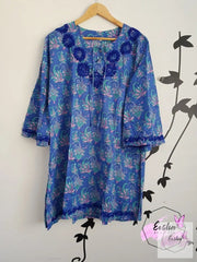 Blue Bell Sleeves Hand Block Print Tunic Kurta With Chikankari Embroidery