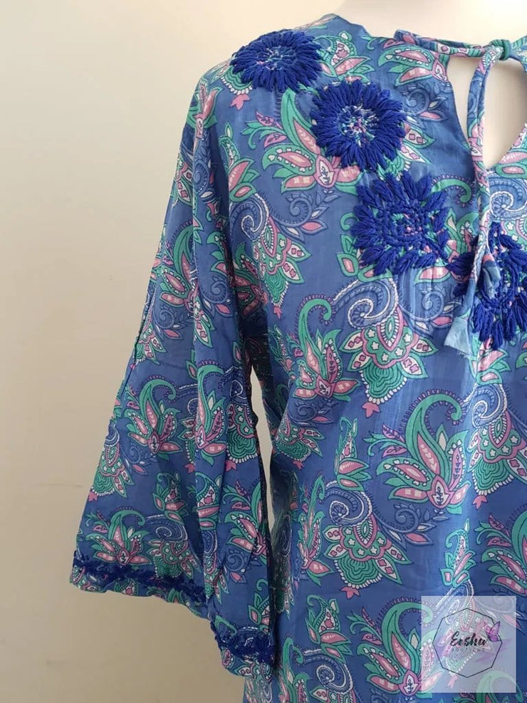 Blue Bell Sleeves Hand Block Print Tunic Kurta With Chikankari Embroidery