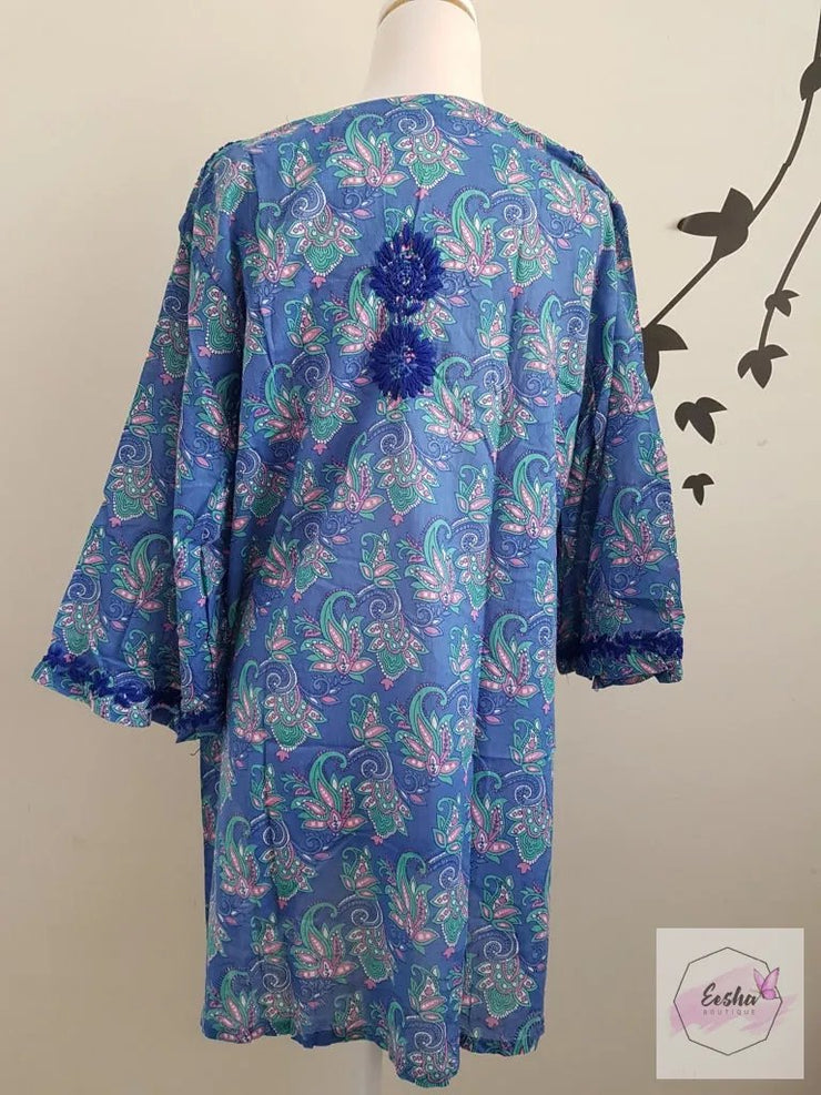 Blue Bell Sleeves Hand Block Print Tunic Kurta With Chikankari Embroidery